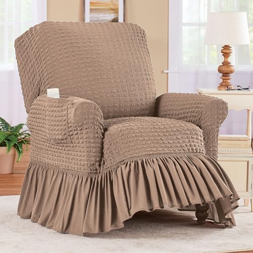 Collections Etc Textured Squares Ruffled Slipcover Recliner Taupe