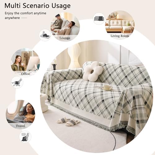 DREAMINGO Beige Plaid Sofa Cover 71x118 Inch Reversible Chenille Slipcover