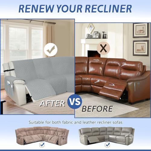 Arfntevss L-Shape Recliner Sectional Couch Cover - 5 Seater Silvery Gray