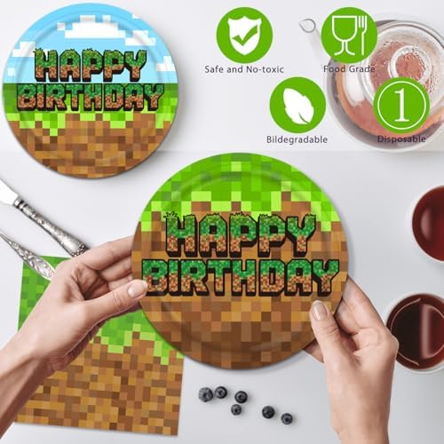 Green and Brown Video Game Themed Birthday Tableware Set 41Pcs