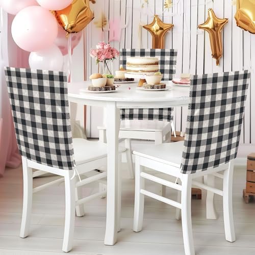 2 Pcs Chair Back Covers White Black Plaid Dining Slipcovers