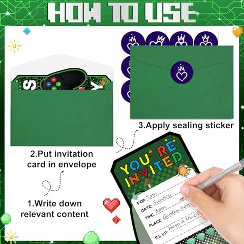 20PCS Video Game Themed Birthday Invite Cards with Envelopes and Stickers