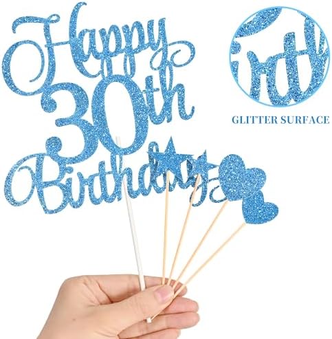 30th Birthday Cake Toppers Set with Glitter Decorations Blue