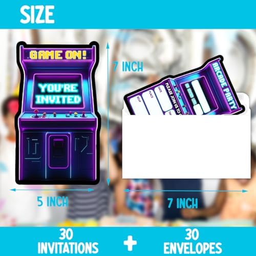 Neon Arcade Birthday Party Invitations with Envelopes