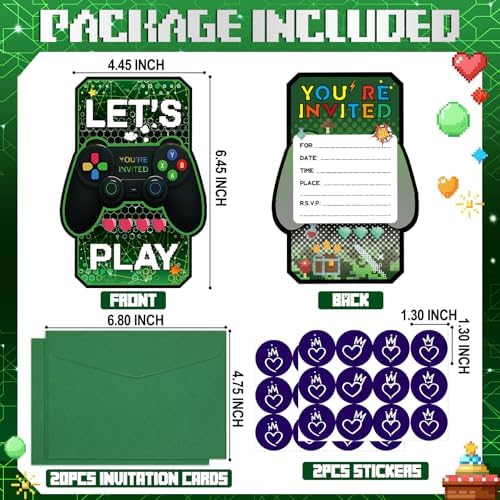 20PCS Video Game Themed Birthday Invite Cards with Envelopes and Stickers