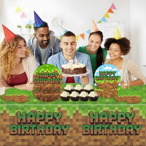 Green and Brown Video Game Themed Birthday Tableware Set 41Pcs