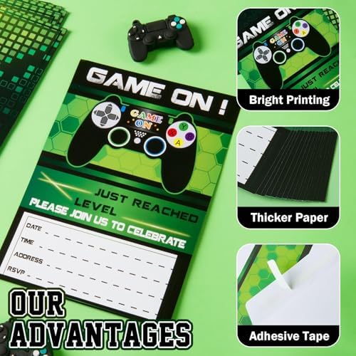 WERNNSAI 20 Set Video Game Birthday Invites with Green Envelopes