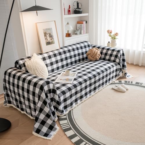 Vctops Farmhouse Plaid Couch Cover with Frings Black and White