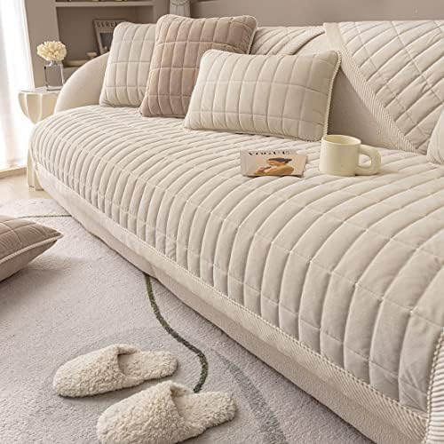 Vctops Velvet Plush Plaid Sofa Cover Non Slip Sectional Couch Protector