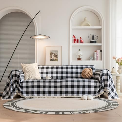 Vctops Farmhouse Plaid Couch Cover with Frings Black and White
