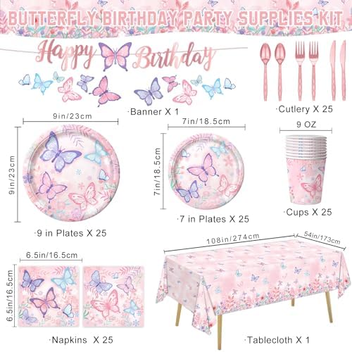 178 PCS Butterfly Birthday Party Supplies Kit