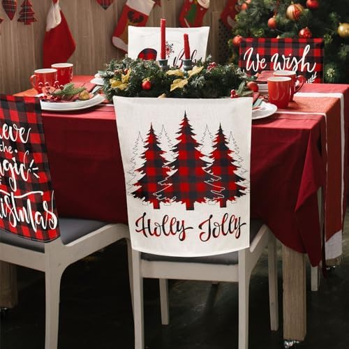 Whaline 6Pcs Christmas Chair Covers with Red Black Buffalo Plaid Pattern