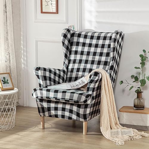 Chickwin Stretch Wingback Chair Slipcover Black Plaid Modern Design