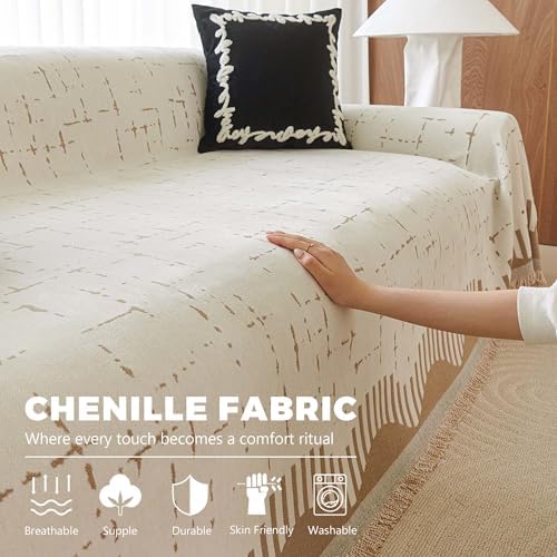Reversible Chenille Sofa Cover Pet Friendly 71x150 Khaki