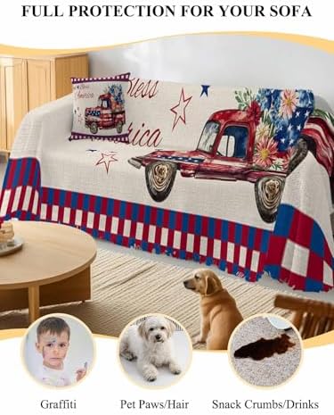 ALAGEO 4th of July Plaid Sofa Cover with Tassel Flowers