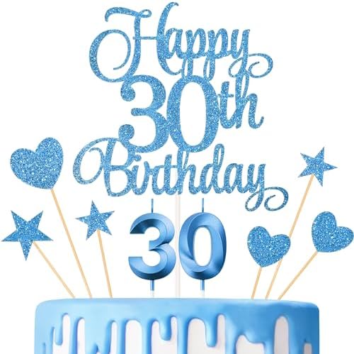 30th Birthday Cake Toppers Set with Glitter Decorations Blue