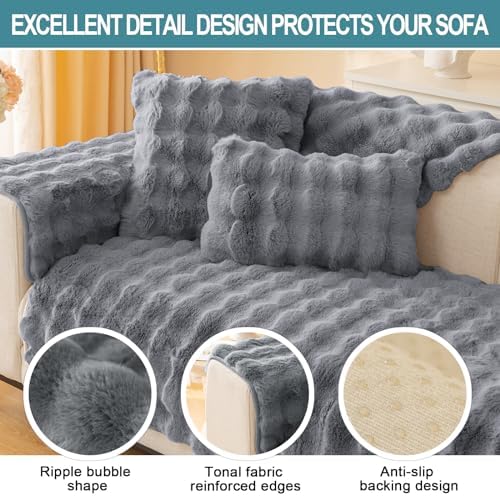 Thick Rabbit Plush Sofa Cover for 1-3 Seaters Dark Gray