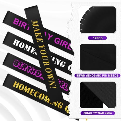 12 Pcs Black Satin Sash for Prom and Parties