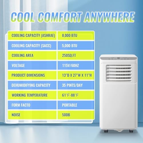 TACOOL 8000 BTU Portable Air Conditioner with Dehumidifier and Fan White
