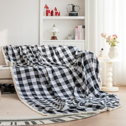 Vctops Farmhouse Plaid Couch Cover with Frings Black and White
