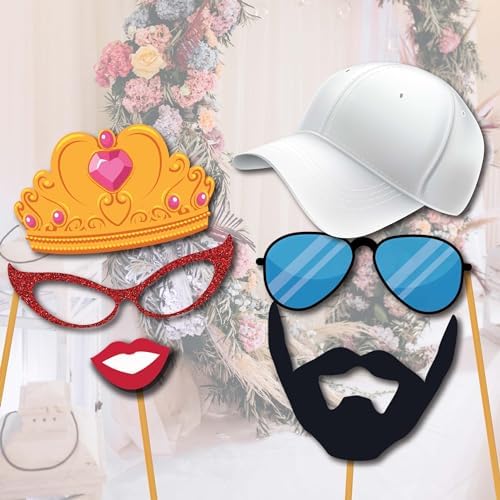 Party Photo Booth Props - 60 Piece Kit with Sign Sticks Adhesive Pads