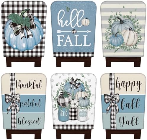 6 Pcs Fall Chair Covers Set Buffalo Plaid Blue Pumpkin