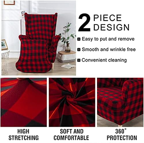 2 Piece Stretch Wingback Chair Covers Red Black Plaid