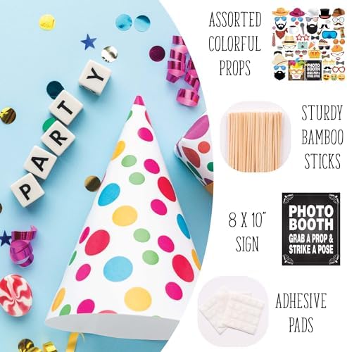 Party Photo Booth Props - 60 Piece Kit with Sign Sticks Adhesive Pads