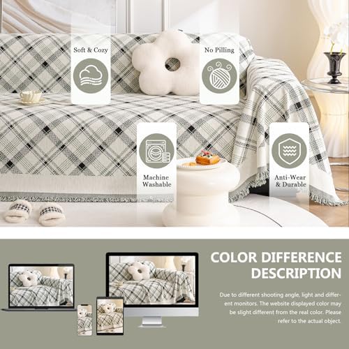 DREAMINGO Beige Plaid Sofa Cover 71x118 Inch Reversible Chenille Slipcover