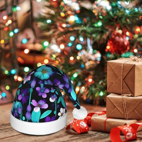 Purple And Teal Flower Print Christmas Hat With LED Lights