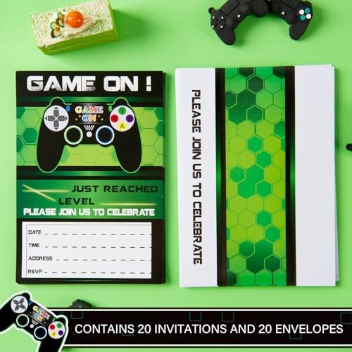 WERNNSAI 20 Set Video Game Birthday Invites with Green Envelopes