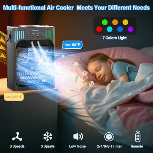 4-in-1 Portable Air Conditioner with Remote and 7 LED Light
