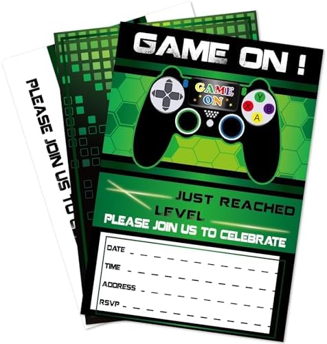 WERNNSAI 20 Set Video Game Birthday Invites with Green Envelopes