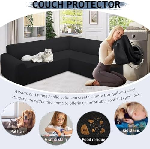 ALIECOM Stretchable L Shape Sofa Slipcover Cover with Elastic Bottom Black X-Large