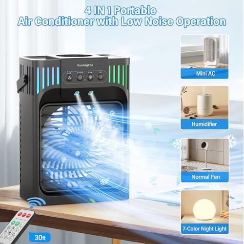4-in-1 Portable Air Conditioner with Remote and 7 LED Light