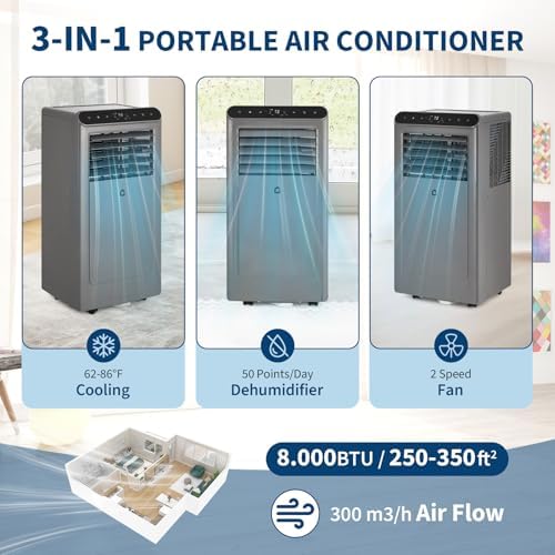 Vossfamul 8000 BTU Portable Air Conditioner with Remote and LED Control