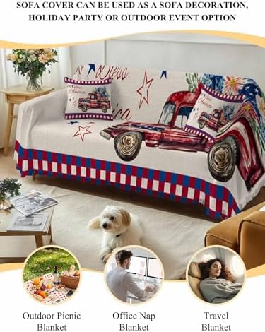 ALAGEO 4th of July Plaid Sofa Cover with Tassel Flowers