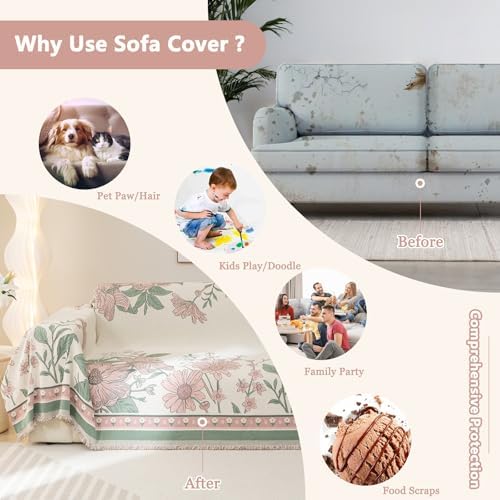 DREAMINGO Floral Reversible Chenille Sofa Cover - 71x134