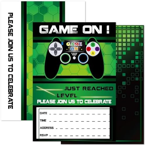 WERNNSAI 20 Set Video Game Birthday Invites with Green Envelopes