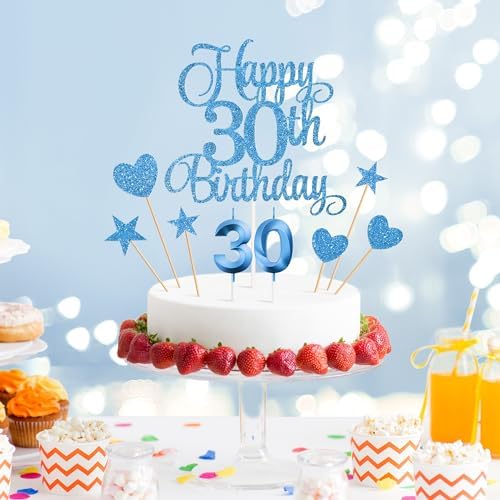30th Birthday Cake Toppers Set with Glitter Decorations Blue
