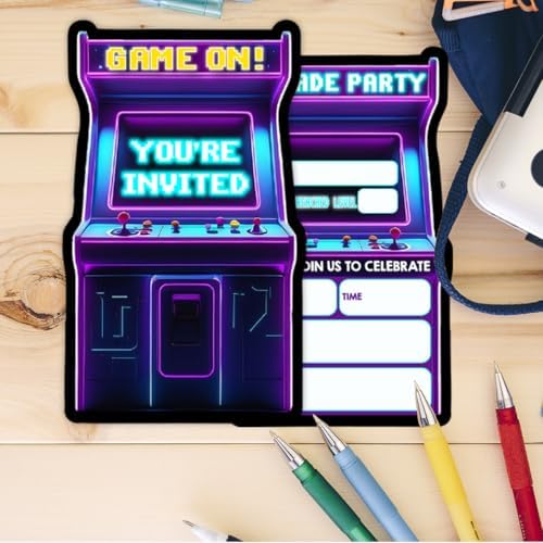 Neon Arcade Birthday Party Invitations with Envelopes