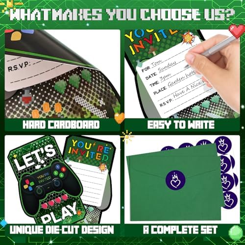 20PCS Video Game Themed Birthday Invite Cards with Envelopes and Stickers