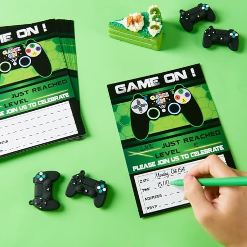 WERNNSAI 20 Set Video Game Birthday Invites with Green Envelopes