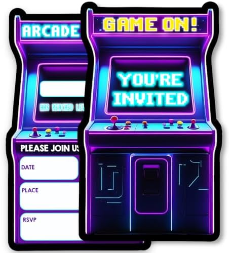 Neon Arcade Birthday Party Invitations with Envelopes