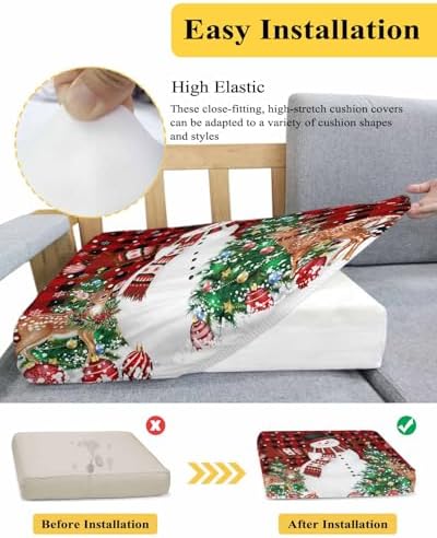 Red Christmas Snowman Sofa Cushion Covers Washable Removable Stretchable