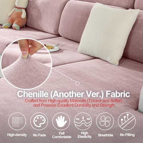 WEYOND L Shape Sofa Cover Pale Pink Chenille Slipcover for Sectional Sofa