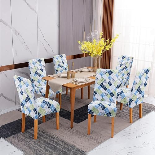 Sufdari Dining Chair Covers Set of 6 Green Blue Plaid
