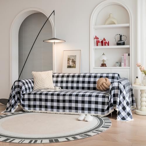 Vctops Farmhouse Plaid Couch Cover with Frings Black and White
