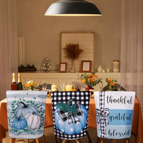 6 Pcs Fall Chair Covers Set Buffalo Plaid Blue Pumpkin
