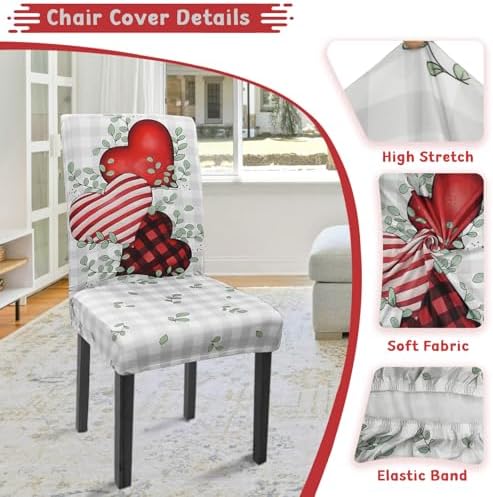 Valentine Chair Covers Set of 4 Love Heart Plaid Decor